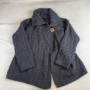 Aran Woollen Mills Women Charcoal Grey 100% Merino Wool Cable Knit Cardigan XL